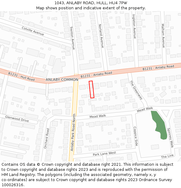 1043, ANLABY ROAD, HULL, HU4 7PW: Location map and indicative extent of plot