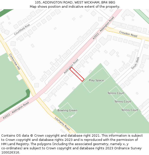 105, ADDINGTON ROAD, WEST WICKHAM, BR4 9BG: Location map and indicative extent of plot
