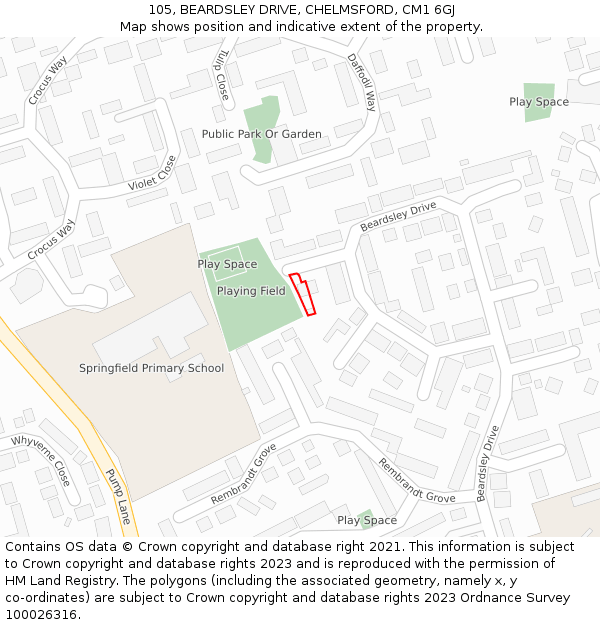 105, BEARDSLEY DRIVE, CHELMSFORD, CM1 6GJ: Location map and indicative extent of plot