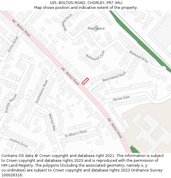 105, BOLTON ROAD, CHORLEY, PR7 3AU: Location map and indicative extent of plot