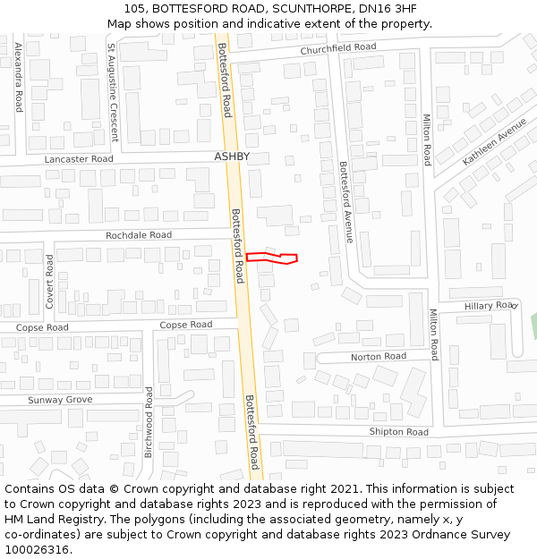 105, BOTTESFORD ROAD, SCUNTHORPE, DN16 3HF: Location map and indicative extent of plot