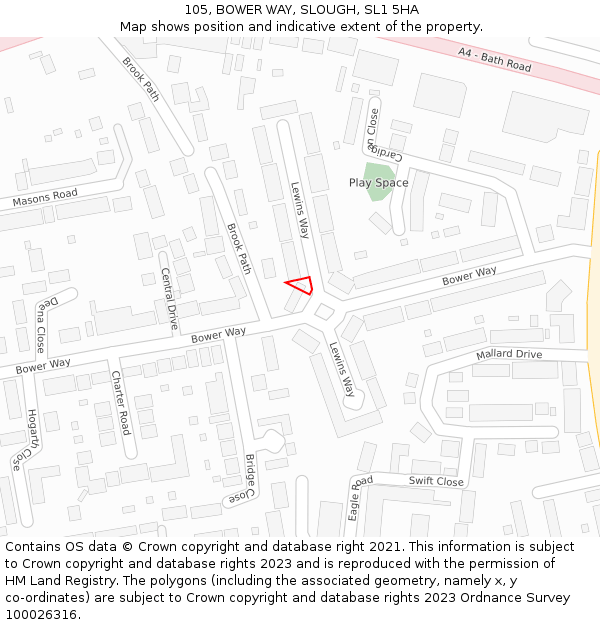 105, BOWER WAY, SLOUGH, SL1 5HA: Location map and indicative extent of plot