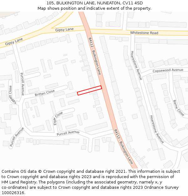105, BULKINGTON LANE, NUNEATON, CV11 4SD: Location map and indicative extent of plot