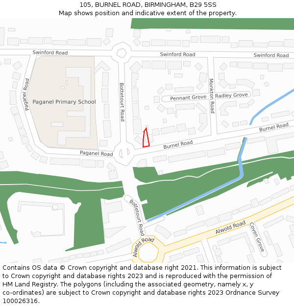 105, BURNEL ROAD, BIRMINGHAM, B29 5SS: Location map and indicative extent of plot
