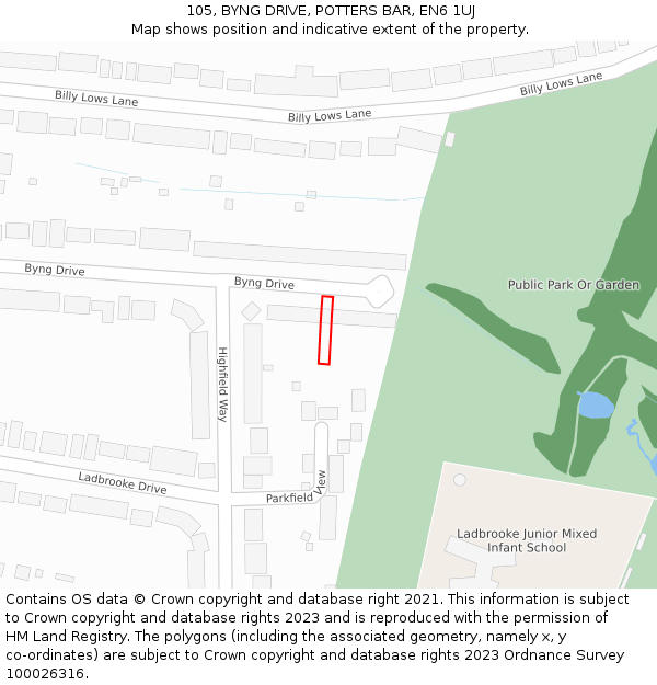 105, BYNG DRIVE, POTTERS BAR, EN6 1UJ: Location map and indicative extent of plot