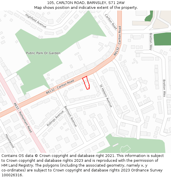 105, CARLTON ROAD, BARNSLEY, S71 2AW: Location map and indicative extent of plot