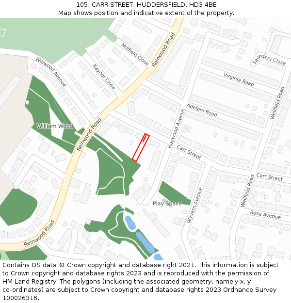 105, CARR STREET, HUDDERSFIELD, HD3 4BE: Location map and indicative extent of plot