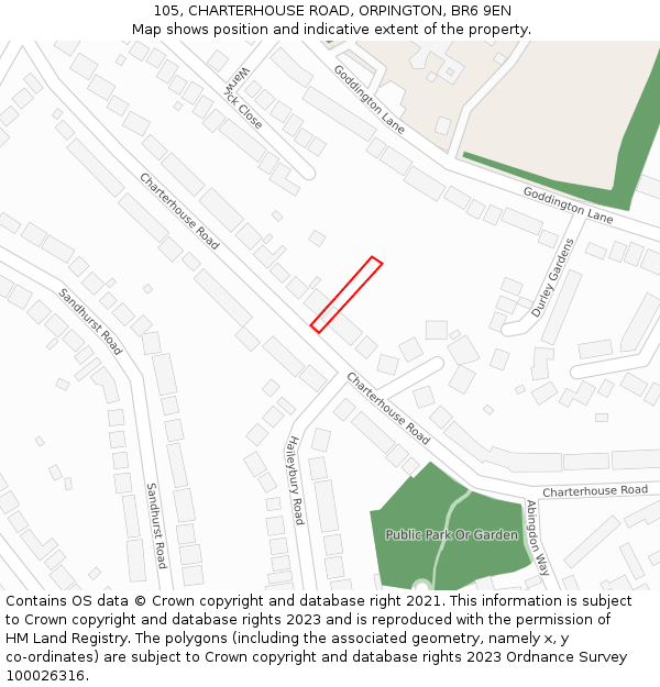 105, CHARTERHOUSE ROAD, ORPINGTON, BR6 9EN: Location map and indicative extent of plot