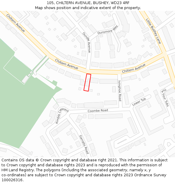 105, CHILTERN AVENUE, BUSHEY, WD23 4RF: Location map and indicative extent of plot