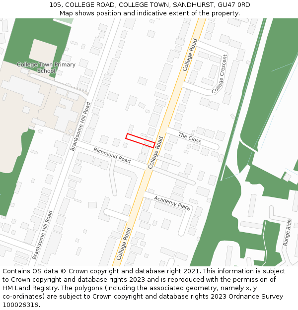 105, COLLEGE ROAD, COLLEGE TOWN, SANDHURST, GU47 0RD: Location map and indicative extent of plot