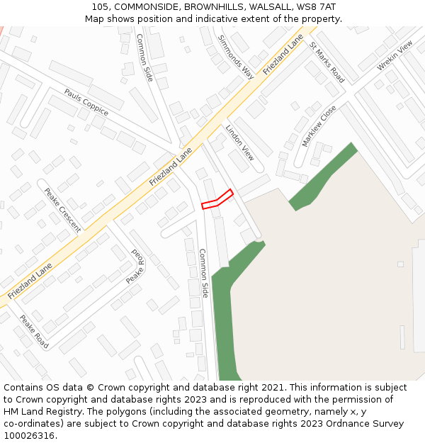 105, COMMONSIDE, BROWNHILLS, WALSALL, WS8 7AT: Location map and indicative extent of plot