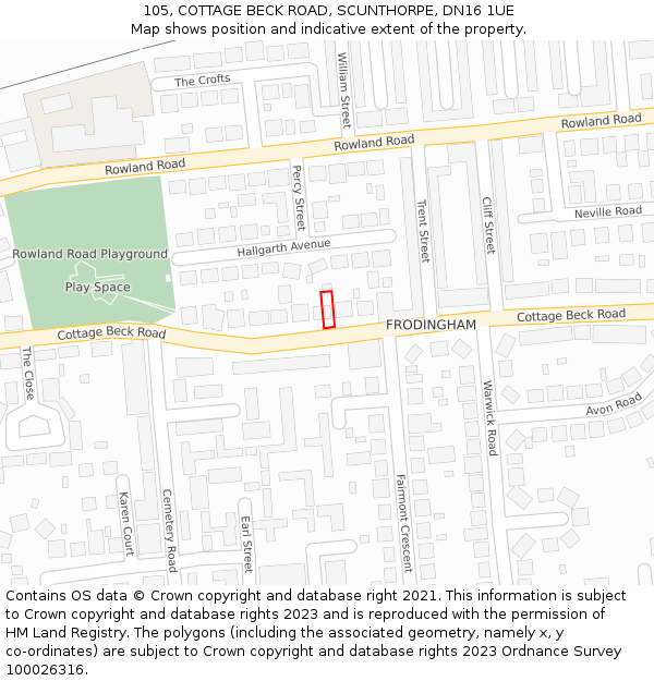 105, COTTAGE BECK ROAD, SCUNTHORPE, DN16 1UE: Location map and indicative extent of plot