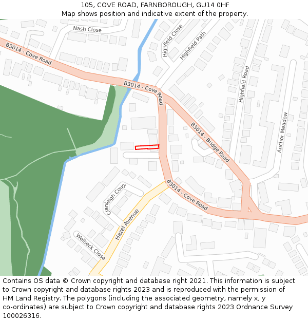 105, COVE ROAD, FARNBOROUGH, GU14 0HF: Location map and indicative extent of plot