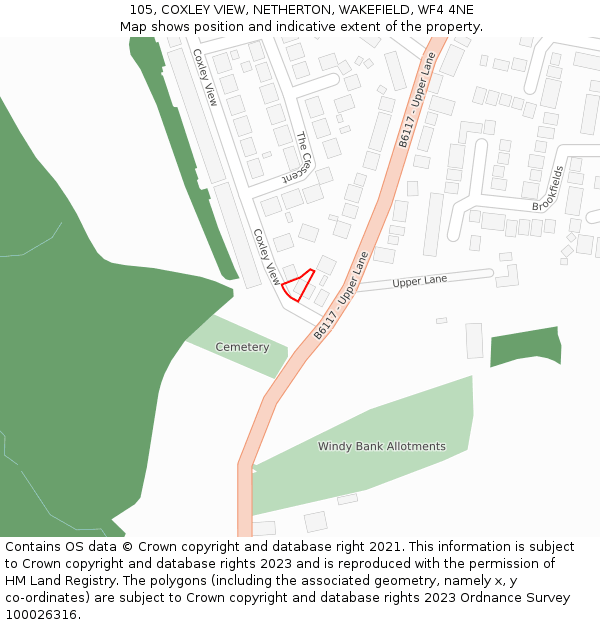 105, COXLEY VIEW, NETHERTON, WAKEFIELD, WF4 4NE: Location map and indicative extent of plot