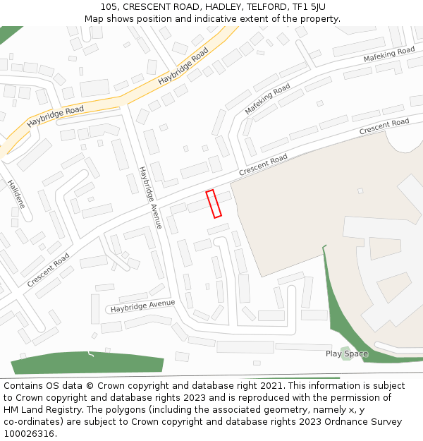 105, CRESCENT ROAD, HADLEY, TELFORD, TF1 5JU: Location map and indicative extent of plot