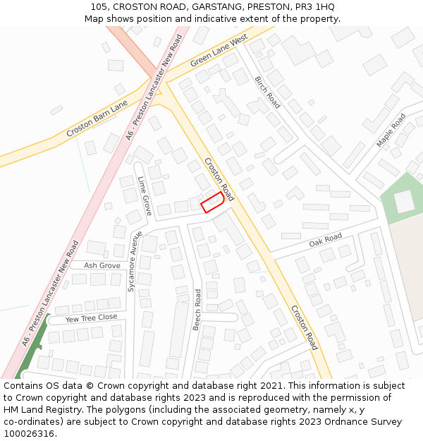 105, CROSTON ROAD, GARSTANG, PRESTON, PR3 1HQ: Location map and indicative extent of plot