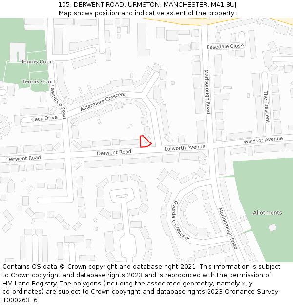 105, DERWENT ROAD, URMSTON, MANCHESTER, M41 8UJ: Location map and indicative extent of plot