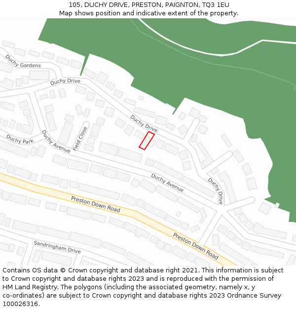 105, DUCHY DRIVE, PRESTON, PAIGNTON, TQ3 1EU: Location map and indicative extent of plot