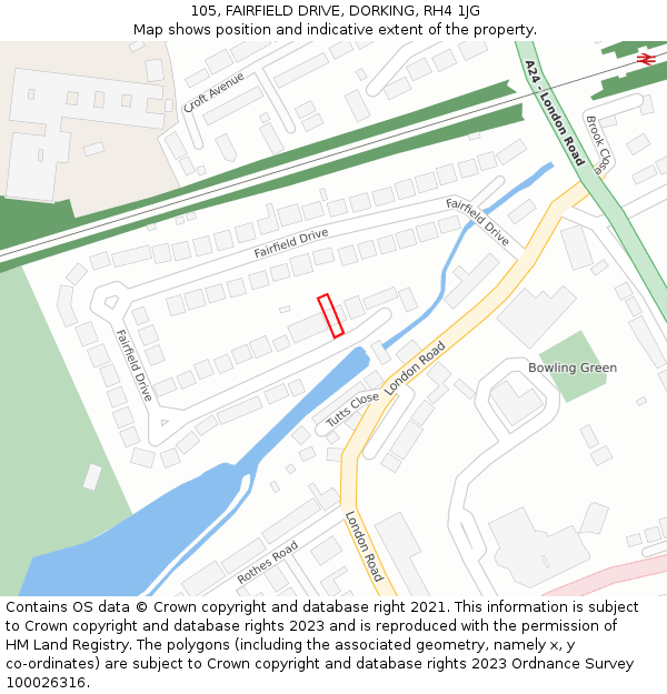 105, FAIRFIELD DRIVE, DORKING, RH4 1JG: Location map and indicative extent of plot