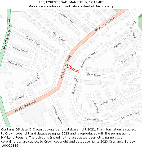 105, FOREST ROAD, MANSFIELD, NG18 4BT: Location map and indicative extent of plot