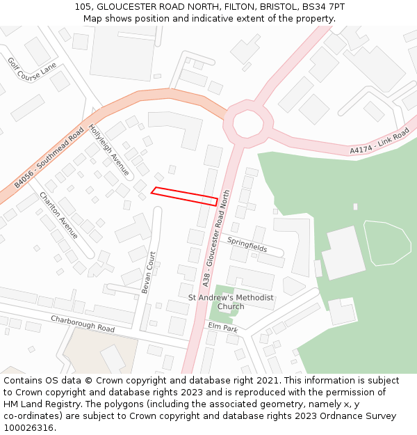 105, GLOUCESTER ROAD NORTH, FILTON, BRISTOL, BS34 7PT: Location map and indicative extent of plot