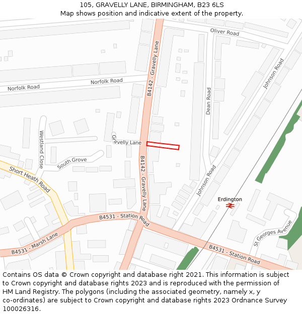 105, GRAVELLY LANE, BIRMINGHAM, B23 6LS: Location map and indicative extent of plot