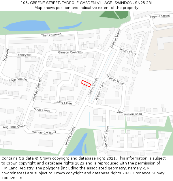 105, GREENE STREET, TADPOLE GARDEN VILLAGE, SWINDON, SN25 2RL: Location map and indicative extent of plot