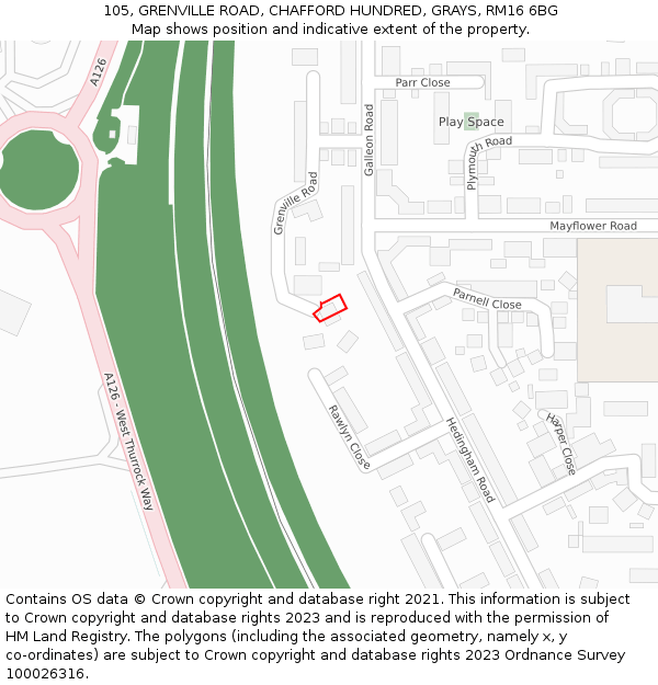 105, GRENVILLE ROAD, CHAFFORD HUNDRED, GRAYS, RM16 6BG: Location map and indicative extent of plot