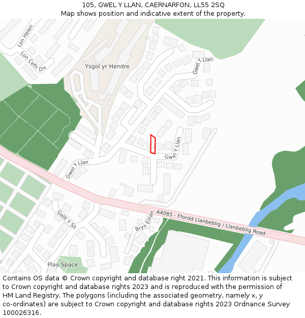 105, GWEL Y LLAN, CAERNARFON, LL55 2SQ: Location map and indicative extent of plot