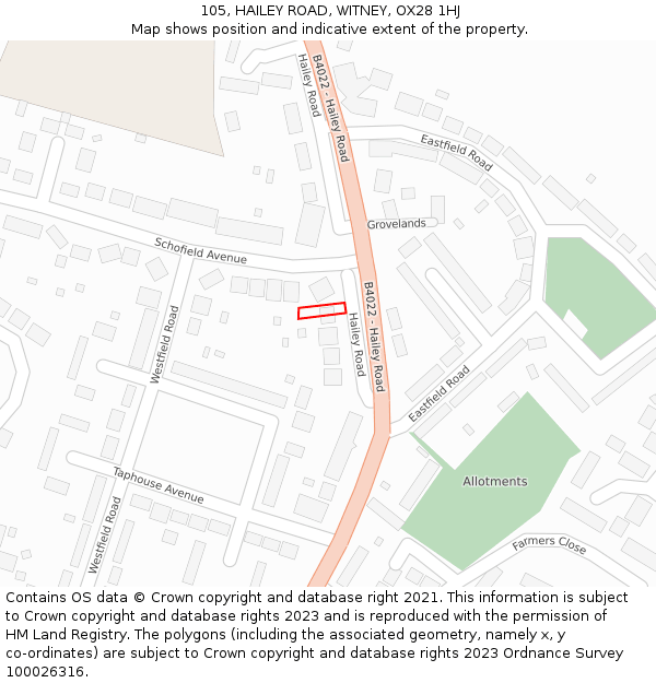 105, HAILEY ROAD, WITNEY, OX28 1HJ: Location map and indicative extent of plot