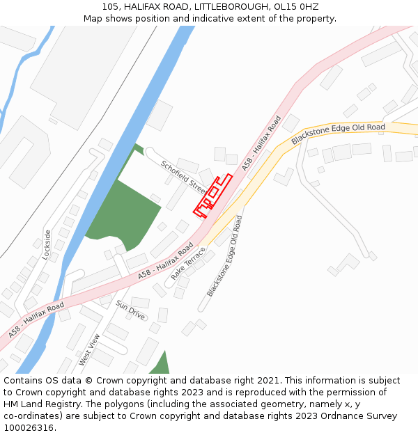 105, HALIFAX ROAD, LITTLEBOROUGH, OL15 0HZ: Location map and indicative extent of plot