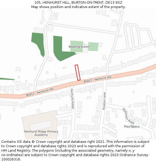 105, HENHURST HILL, BURTON-ON-TRENT, DE13 9SZ: Location map and indicative extent of plot