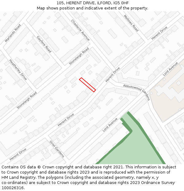 105, HERENT DRIVE, ILFORD, IG5 0HF: Location map and indicative extent of plot