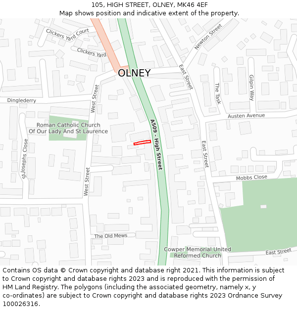 105, HIGH STREET, OLNEY, MK46 4EF: Location map and indicative extent of plot