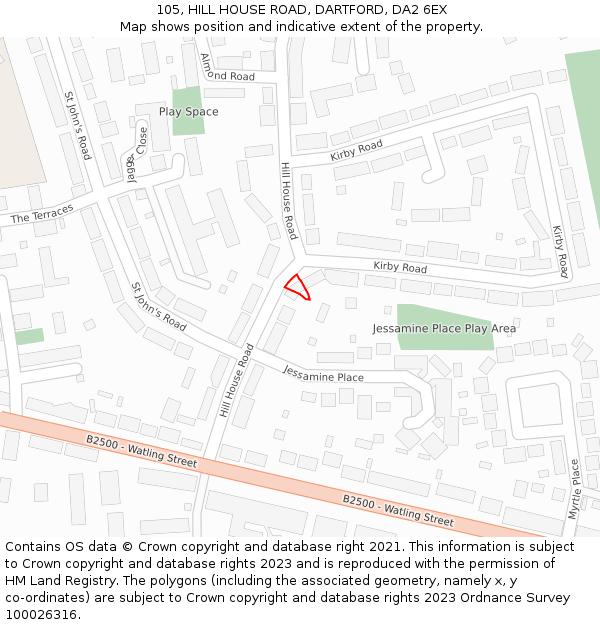 105, HILL HOUSE ROAD, DARTFORD, DA2 6EX: Location map and indicative extent of plot