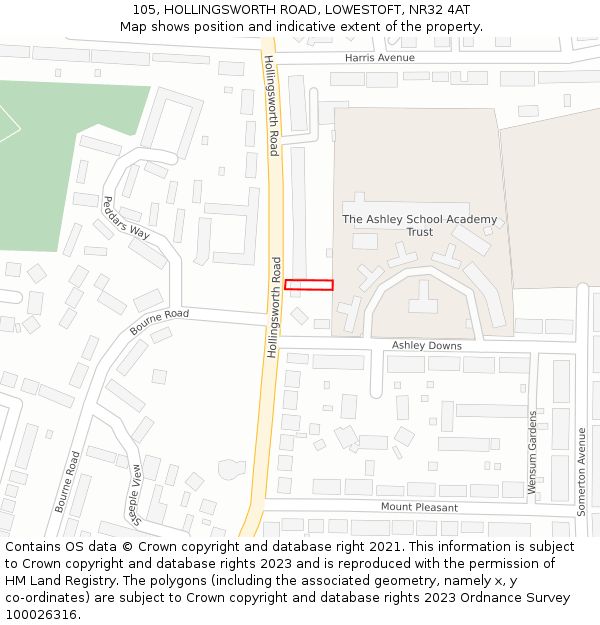 105, HOLLINGSWORTH ROAD, LOWESTOFT, NR32 4AT: Location map and indicative extent of plot