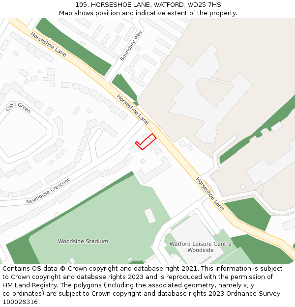 105, HORSESHOE LANE, WATFORD, WD25 7HS: Location map and indicative extent of plot