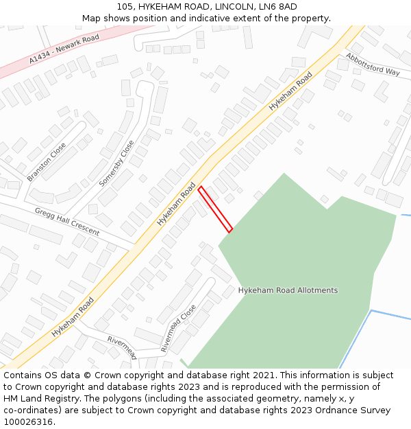 105, HYKEHAM ROAD, LINCOLN, LN6 8AD: Location map and indicative extent of plot
