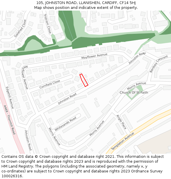 105, JOHNSTON ROAD, LLANISHEN, CARDIFF, CF14 5HJ: Location map and indicative extent of plot