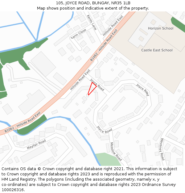 105, JOYCE ROAD, BUNGAY, NR35 1LB: Location map and indicative extent of plot