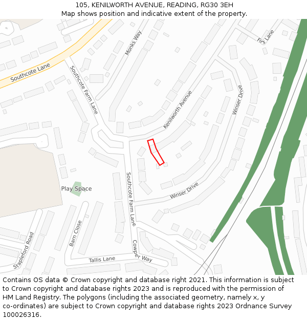 105, KENILWORTH AVENUE, READING, RG30 3EH: Location map and indicative extent of plot