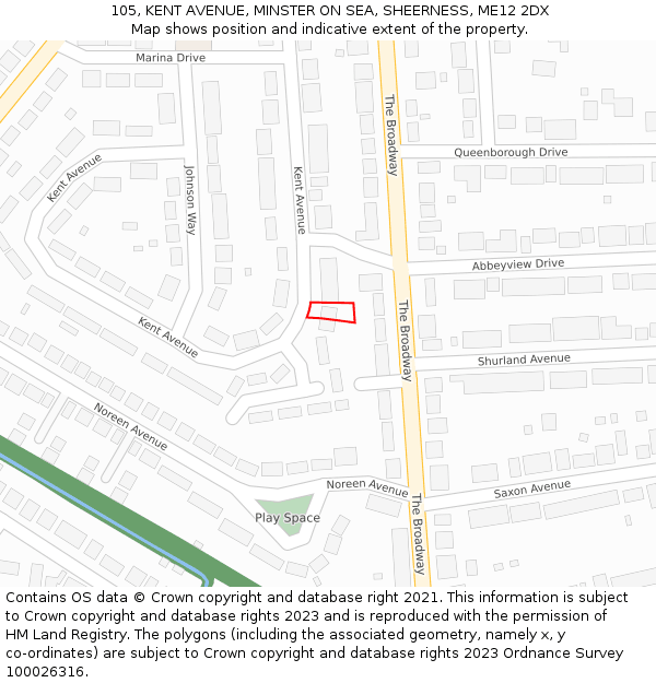 105, KENT AVENUE, MINSTER ON SEA, SHEERNESS, ME12 2DX: Location map and indicative extent of plot
