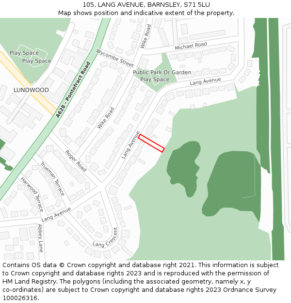 105, LANG AVENUE, BARNSLEY, S71 5LU: Location map and indicative extent of plot