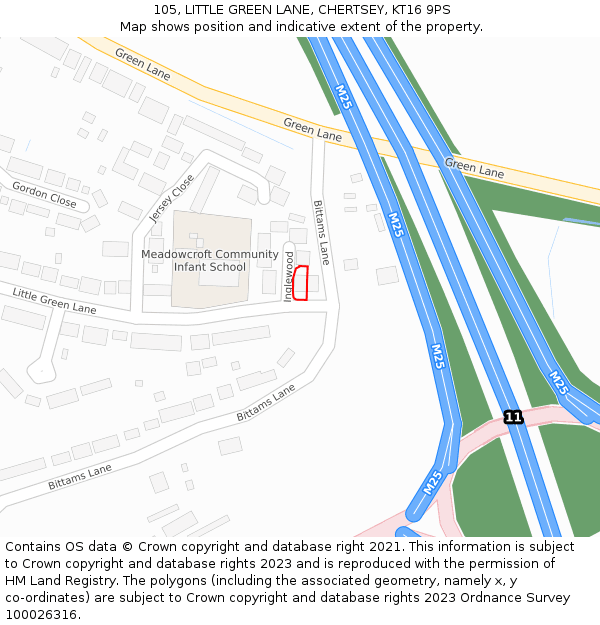 105, LITTLE GREEN LANE, CHERTSEY, KT16 9PS: Location map and indicative extent of plot