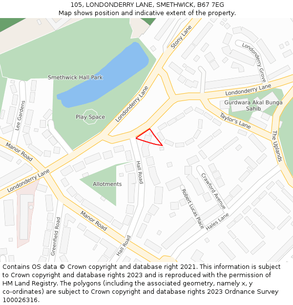 105, LONDONDERRY LANE, SMETHWICK, B67 7EG: Location map and indicative extent of plot