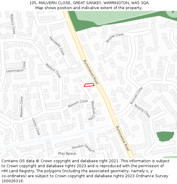 105, MALVERN CLOSE, GREAT SANKEY, WARRINGTON, WA5 3QA: Location map and indicative extent of plot