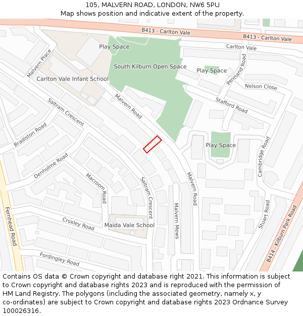 105, MALVERN ROAD, LONDON, NW6 5PU: Location map and indicative extent of plot