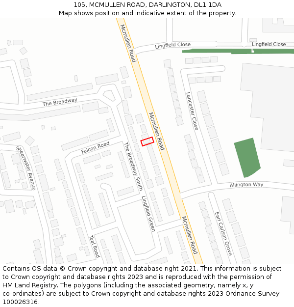 105, MCMULLEN ROAD, DARLINGTON, DL1 1DA: Location map and indicative extent of plot