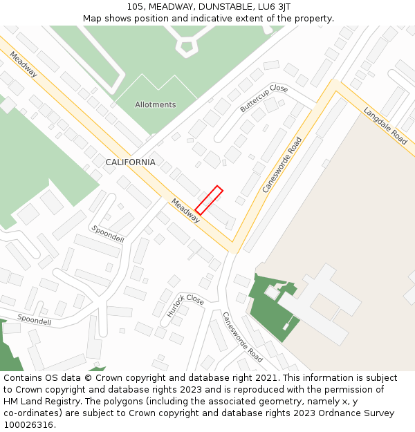 105, MEADWAY, DUNSTABLE, LU6 3JT: Location map and indicative extent of plot