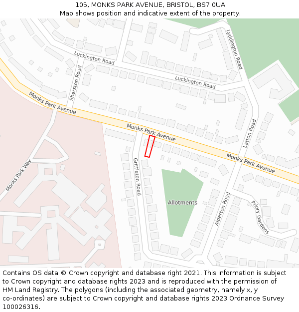 105, MONKS PARK AVENUE, BRISTOL, BS7 0UA: Location map and indicative extent of plot